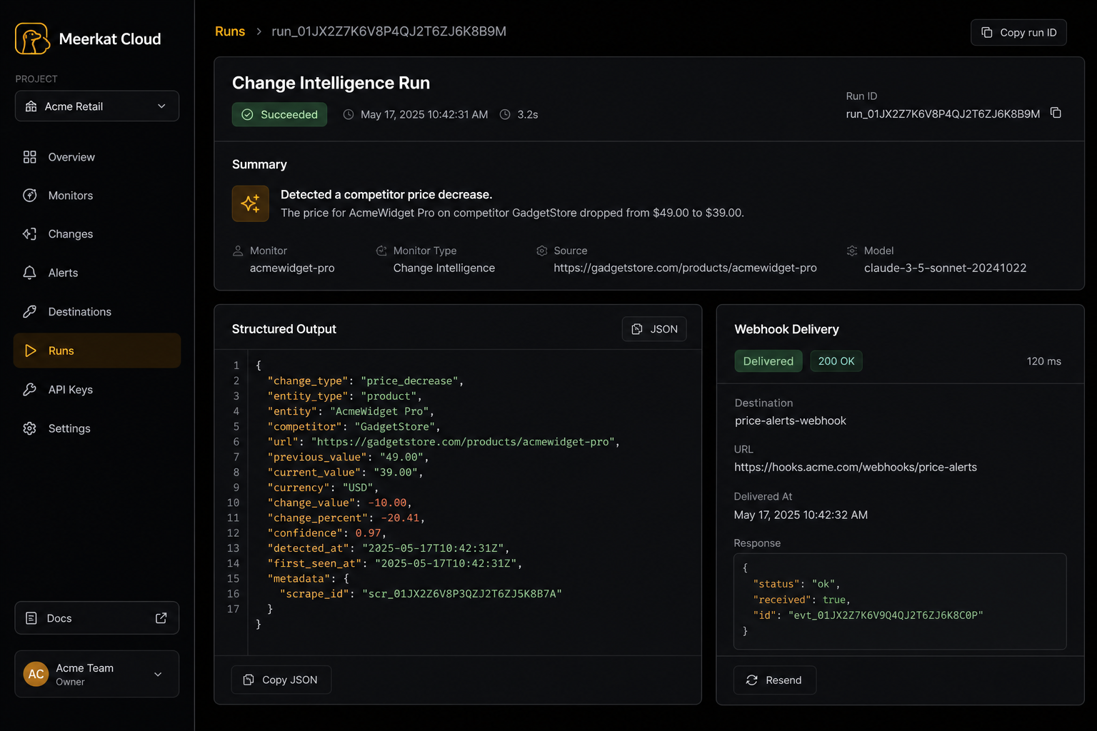 Example successful Meerkat run with findings and webhook delivery